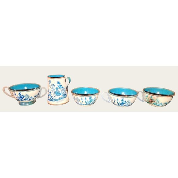 Vintage Toy Blue Willow China Tea Set Antique Metal Miniature - Picture 1 of 8